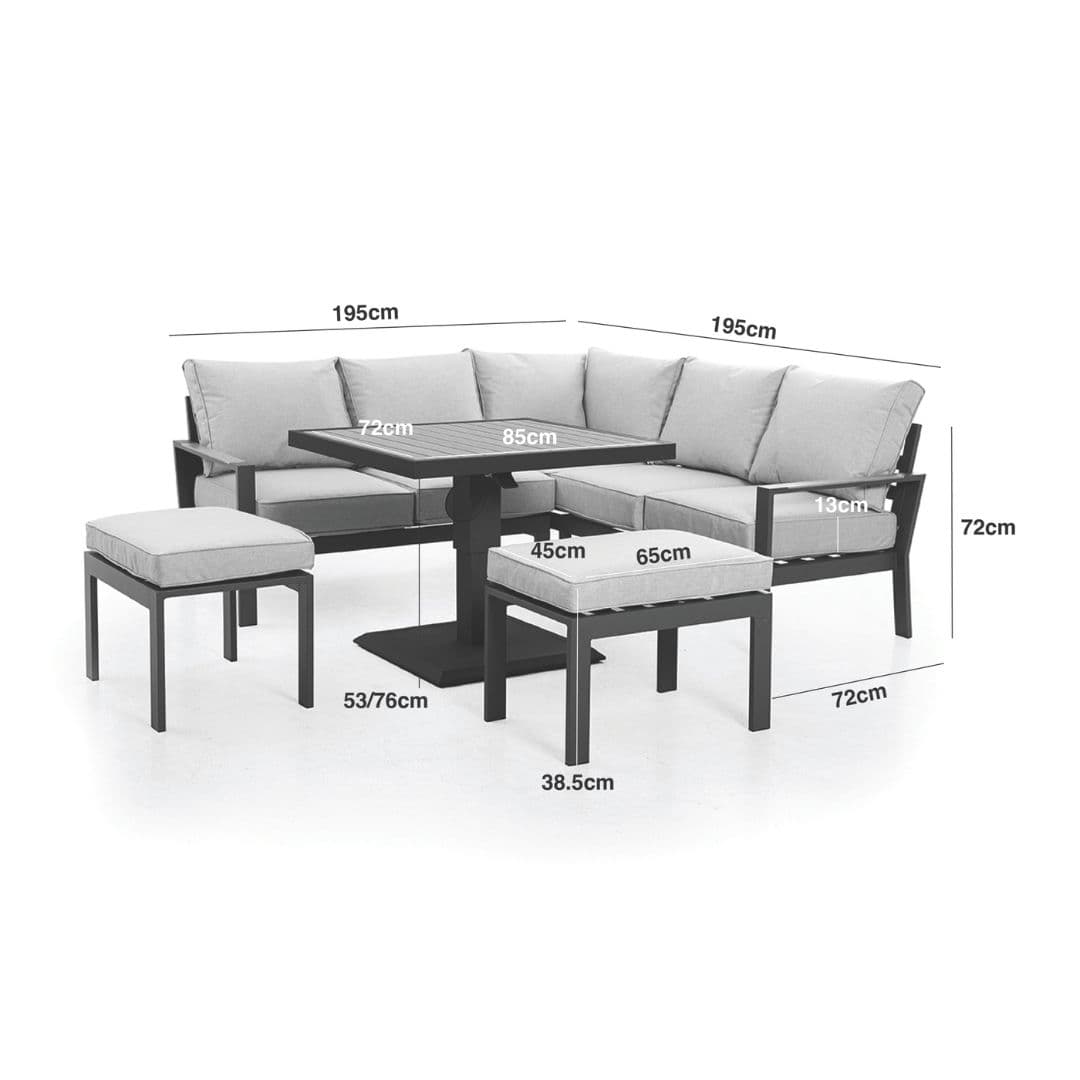 Line drawing of a square aluminium corner dining set with rising table and 2 matching single chairs.