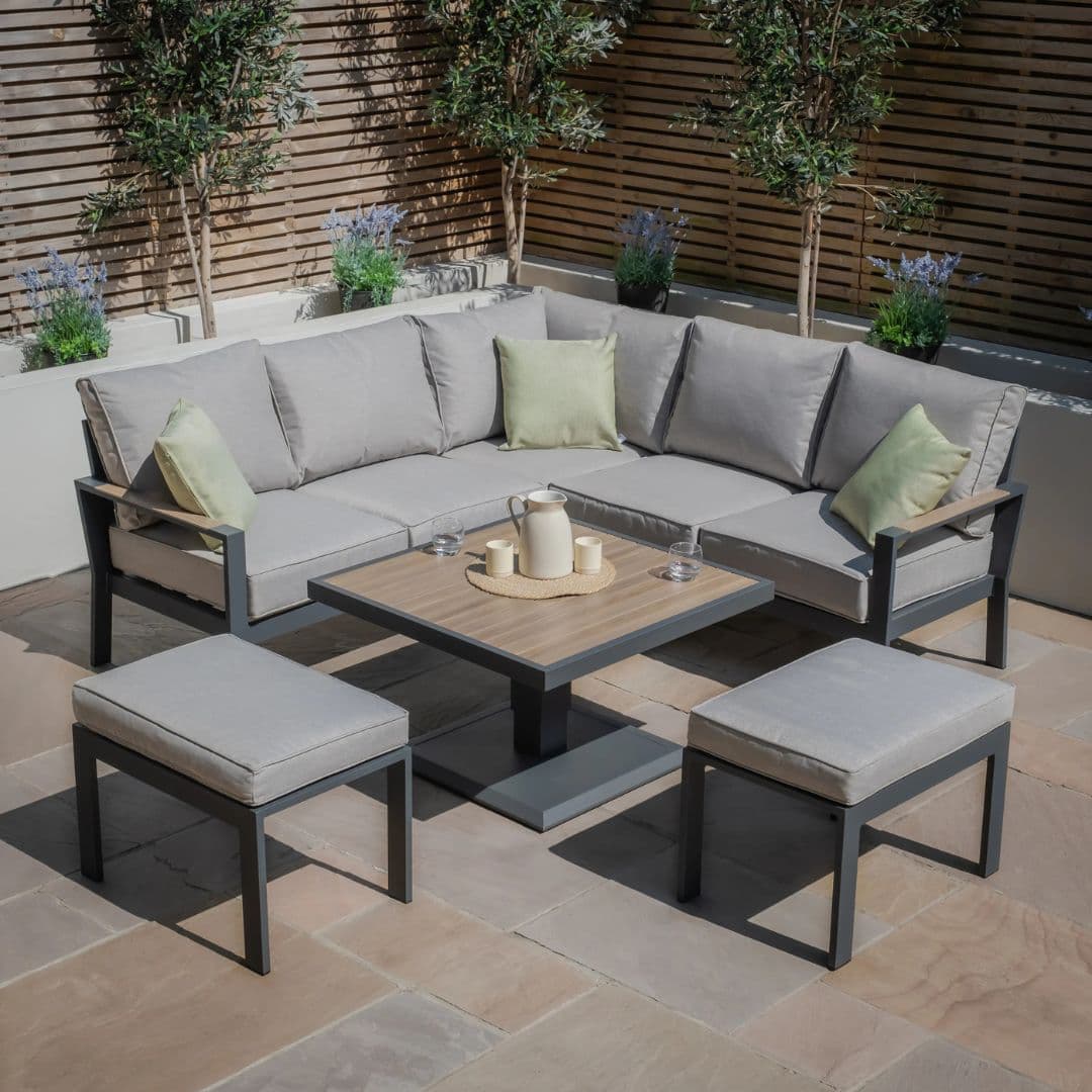 Grey square aluminium corner dining set with rising table, wood effect arms and table top with 2 matching single chairs.
