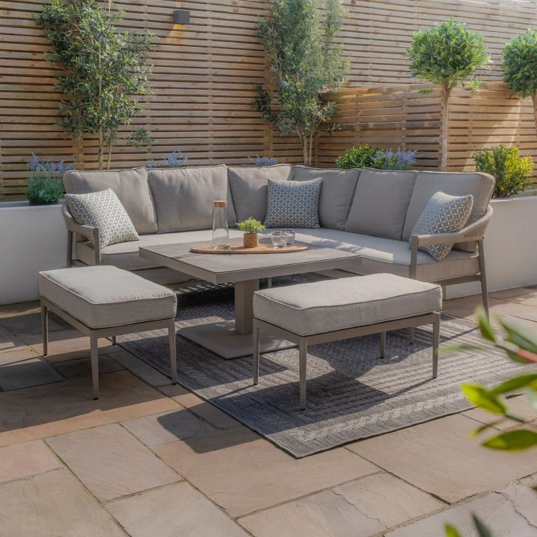 Cool Linen rope weave casual dining set with rising table and matching stools.