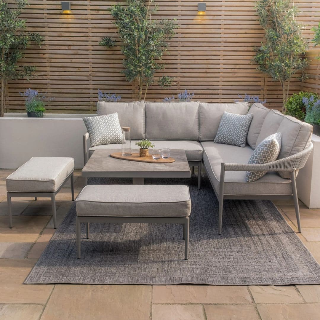 Cool Linen rope weave casual dining set with rising table and matching stools.
