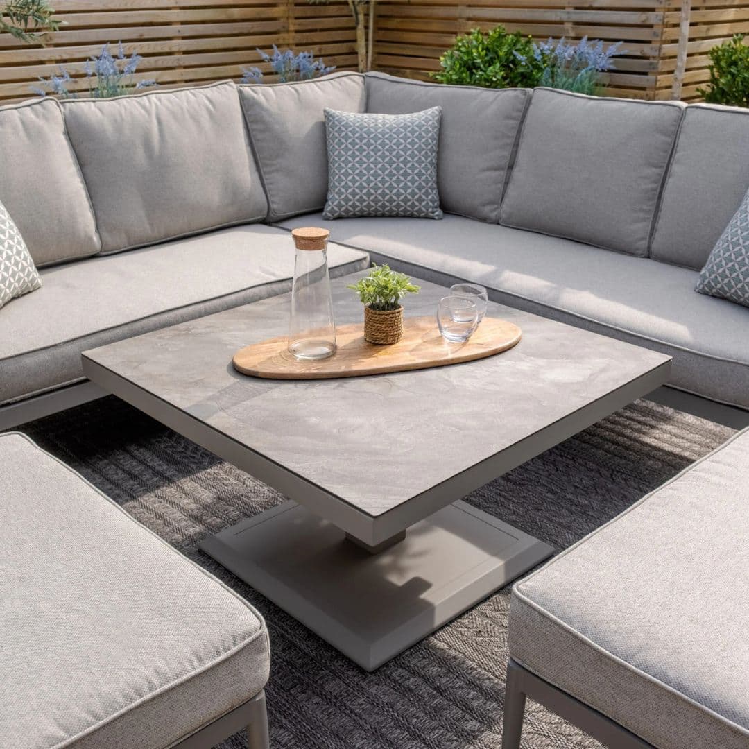 Cool Linen rope weave casual dining set with rising table and matching stools.