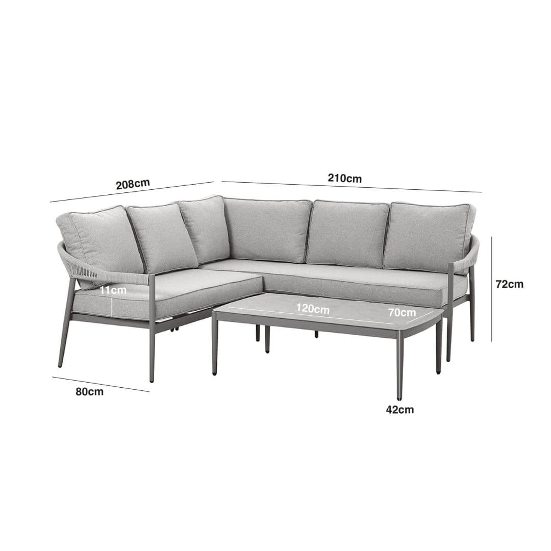 Line drawing of a rope weave corner sofa set with matching coffee table.
