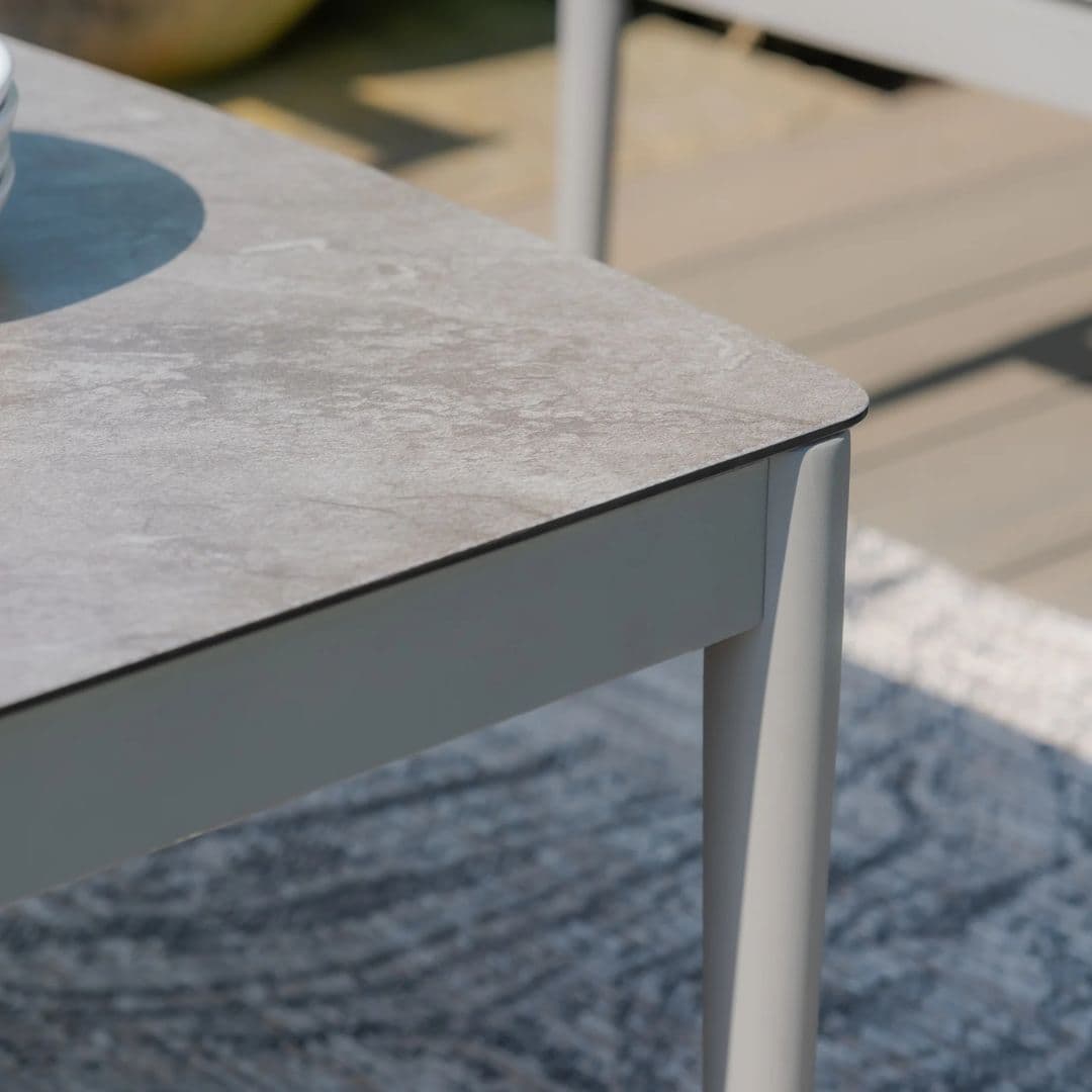 Cool Linen Coloured Rope Weave and Dawn Grey Aluminium Small Corner Sofa with a Rectangular Coffee Table