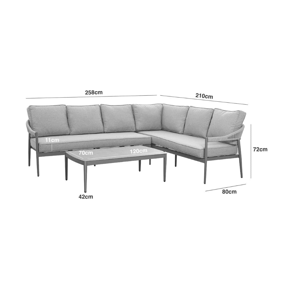 Line drawing of a rope weave corner sofa set with matching coffee table.