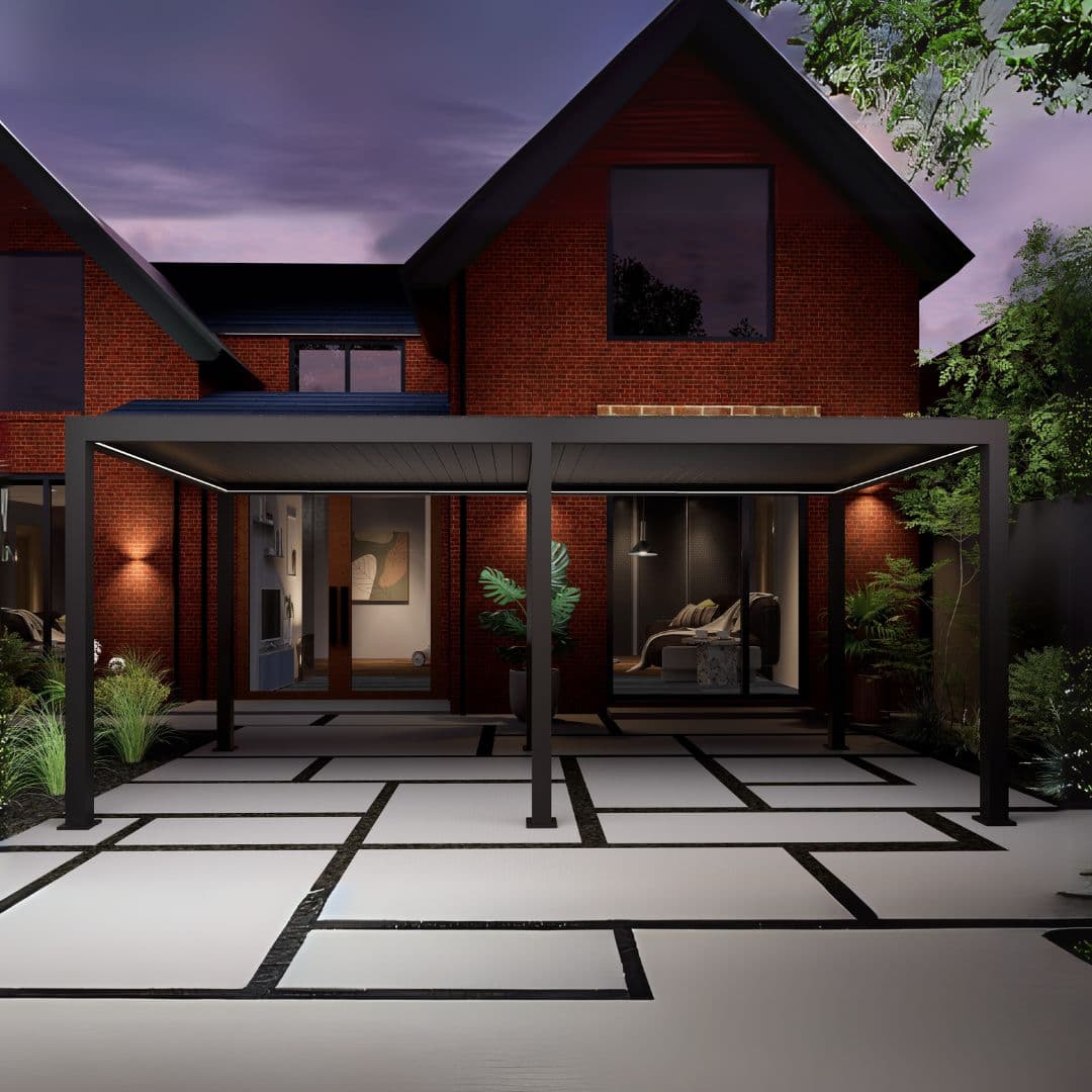 3m x 6m anthracite grey aluminium pergola with motorised louvred roof and white LED lights.