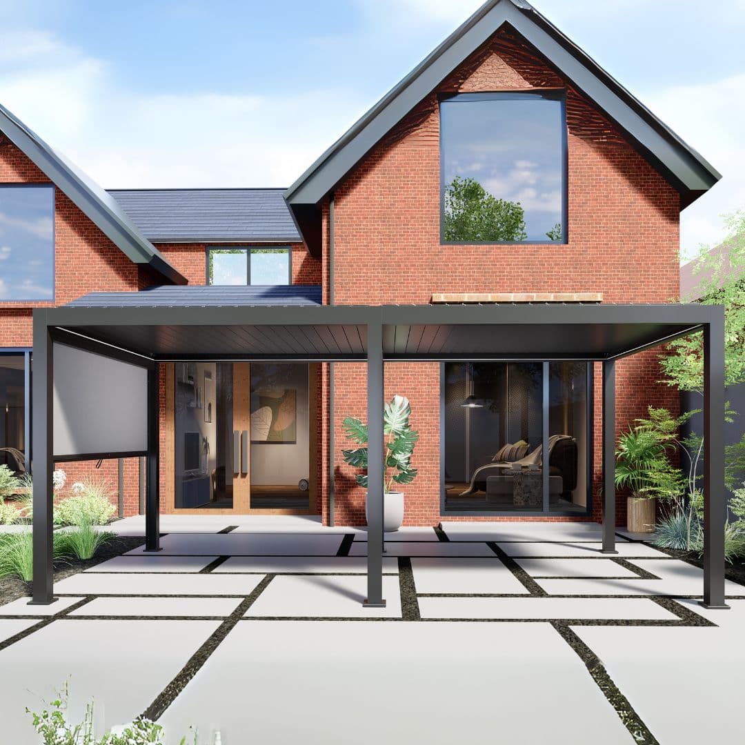 3m x 6m anthracite grey aluminium pergola with motorised louvred roof, motorised privacy screen and white LED lights.