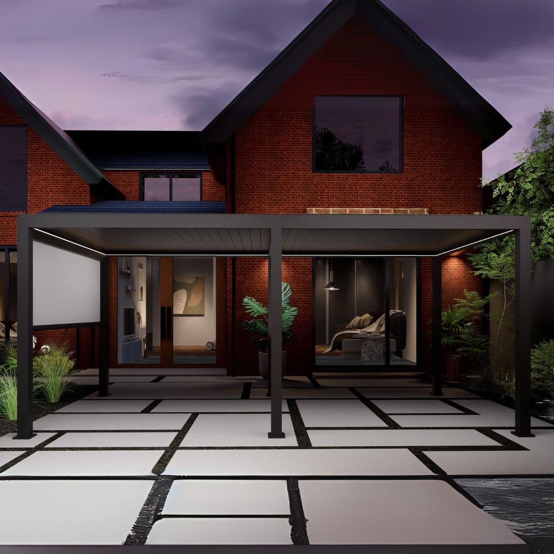 3m x 6m anthracite grey aluminium pergola with motorised louvred roof and motorised privacy screen and white LED lights.