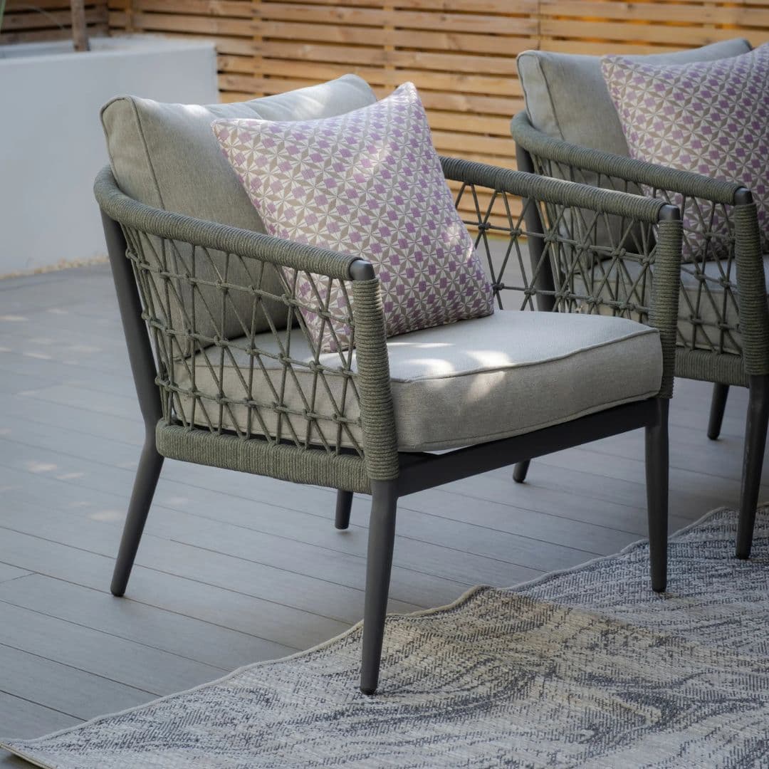 Ivy green rope weave with charcoal frame 3 seat sofa set with 2 single armchairs and pair of coffee tables #colour_ivy green with charcoal frame