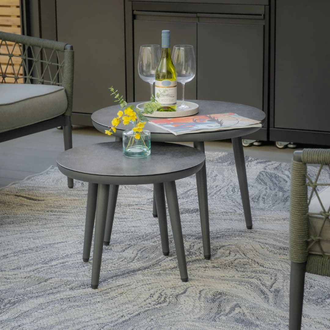 Ivy green rope weave with charcoal frame 3 seat sofa set with 2 single armchairs and pair of coffee tables #colour_ivy green with charcoal frame