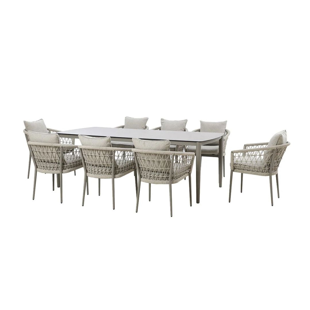 Cool linen Rope Weave 8 Seat Rectangle Dining Set #colour_cool linen with dawn grey frame