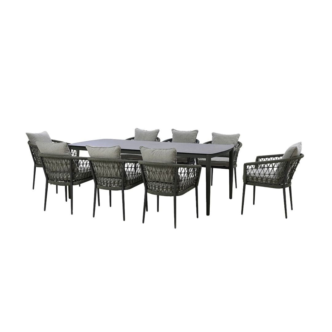 Ivy Green Rope Weave 8 Seat Rectangle Dining Set #colour_ivy green with charcoal frame