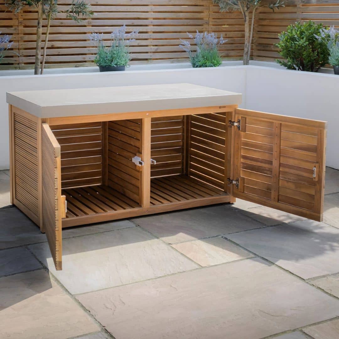 Acacia wood and a composite concrete worktop outdoor kitchen unit.