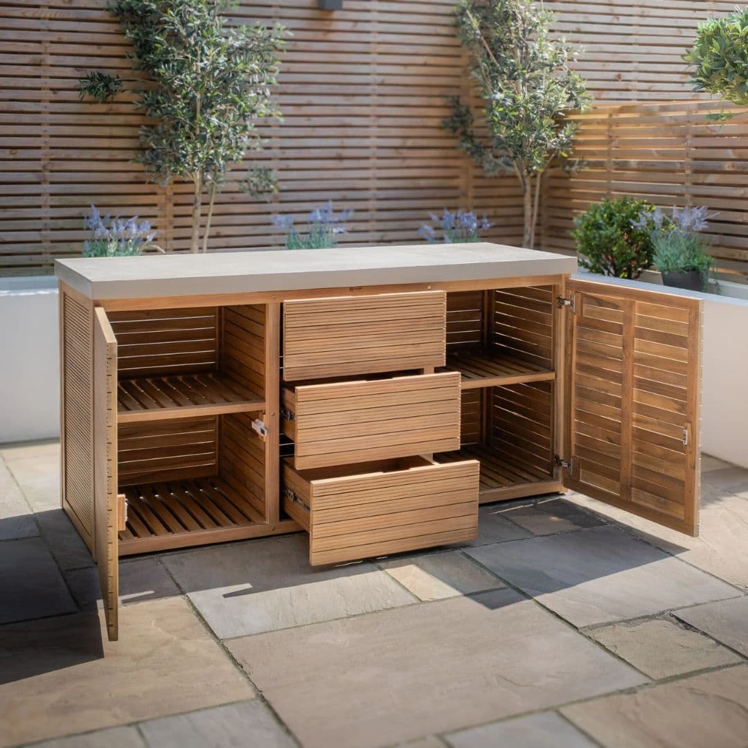 Acacia wood and a composite concrete worktop outdoor kitchen unit.