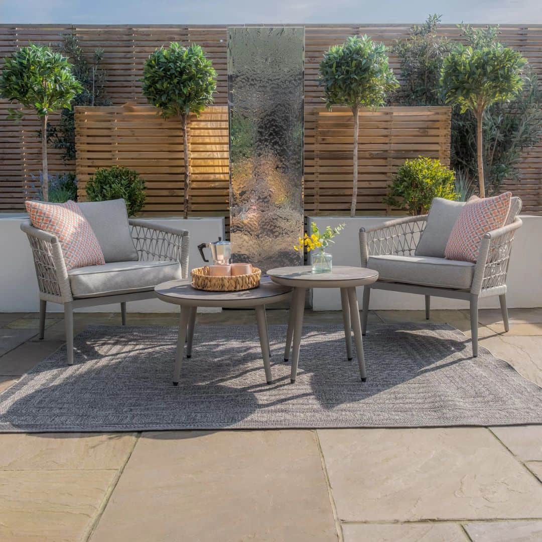 Cool linen with dawn grey frame Rope Weave 2-Seat Bistro Set with a Pair of Round Tables and Grey Cushions #colour_cool linen with dawn grey frame