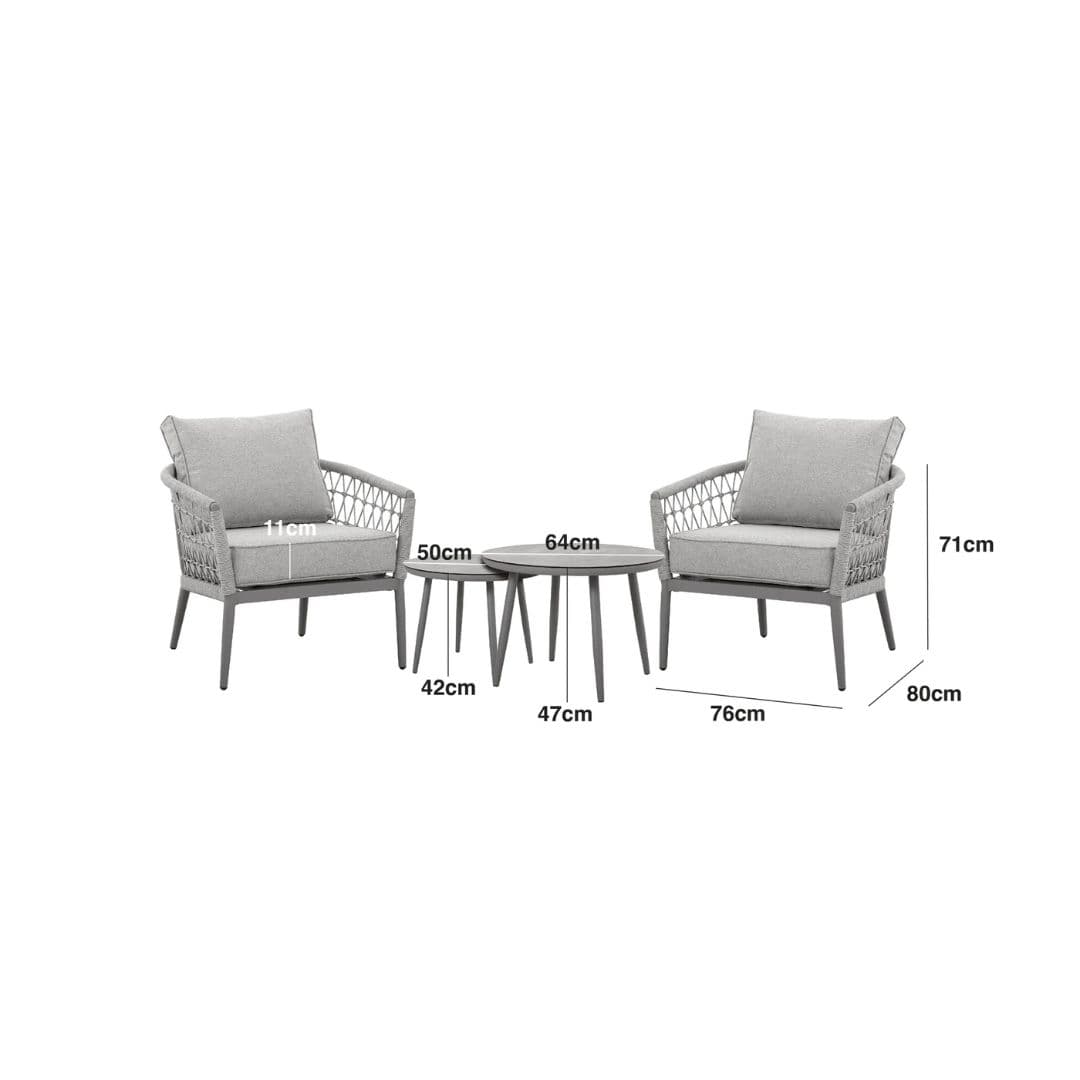 Line drawing of a 2-Seat Bistro Set with a Pair of Round Tables.