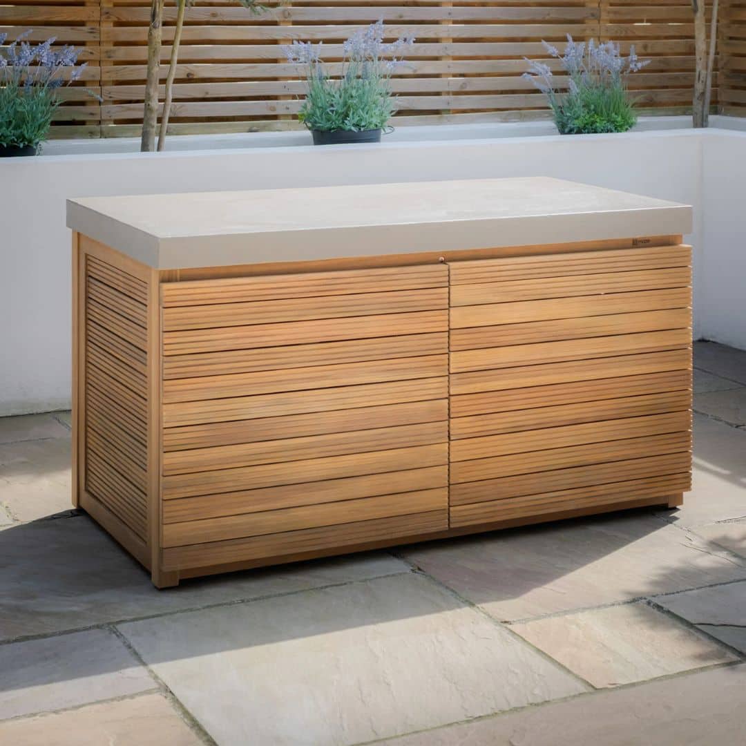 Acacia wood and a composite concrete worktop outdoor kitchen unit.