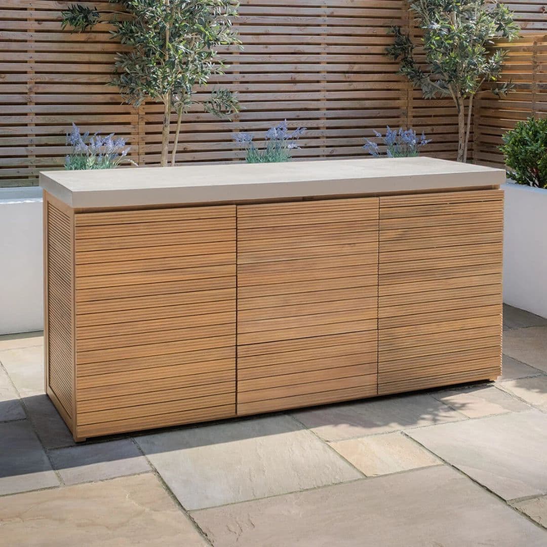 Acacia wood and a composite concrete worktop outdoor kitchen unit.