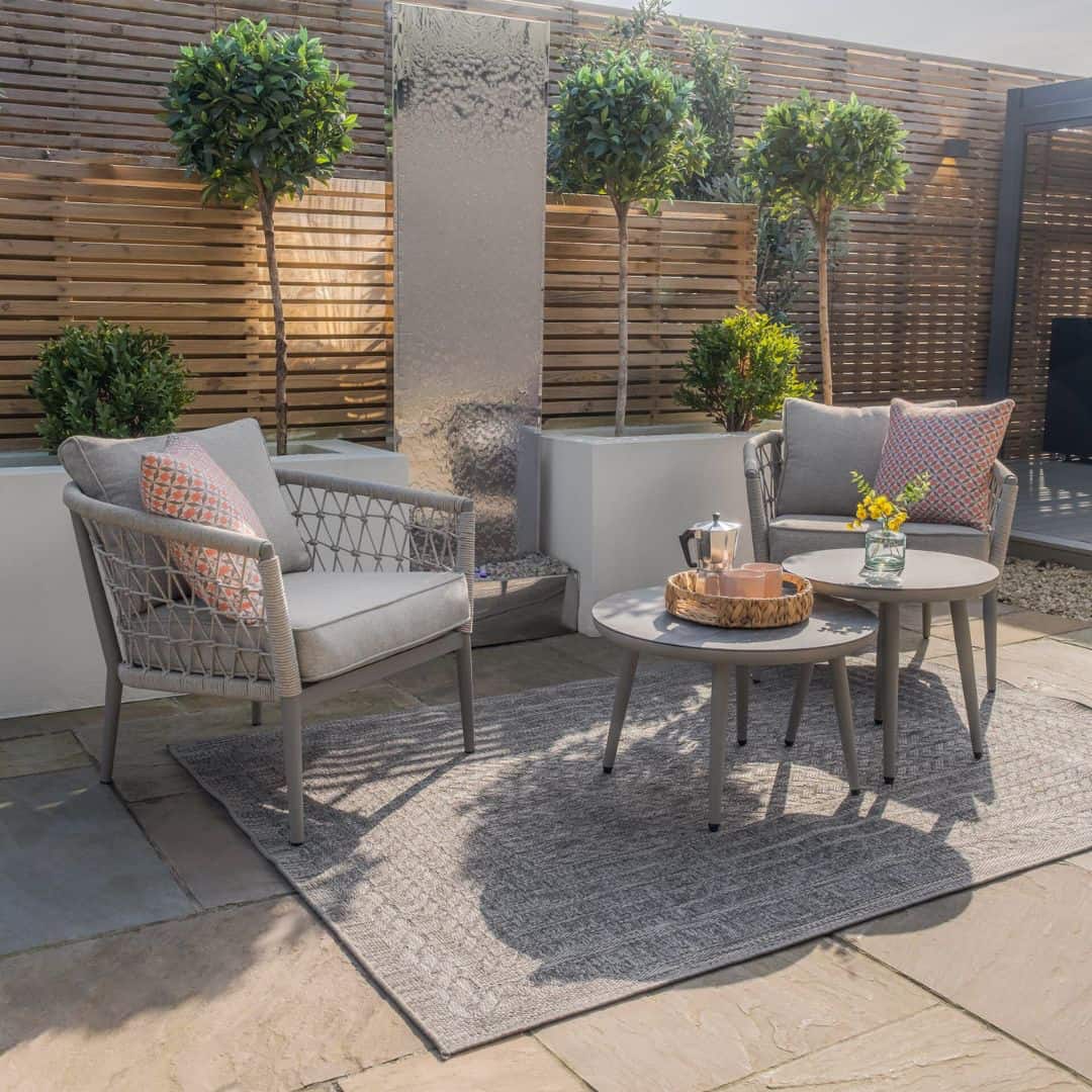 Cool linen with dawn grey frame Rope Weave 2-Seat Bistro Set with a Pair of Round Tables and Grey Cushions #colour_cool linen with dawn grey frame