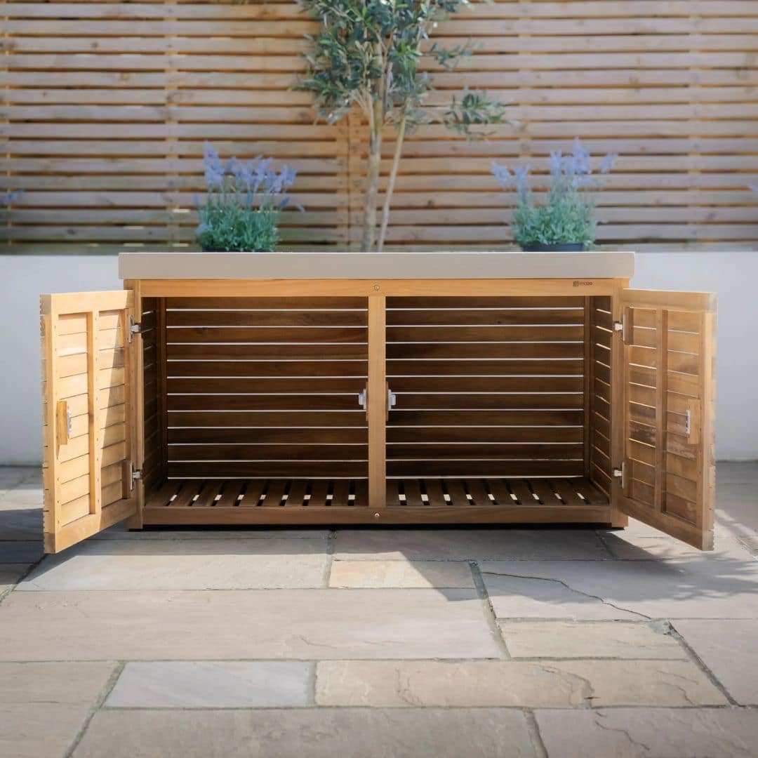 Acacia wood and a composite concrete worktop outdoor kitchen unit.