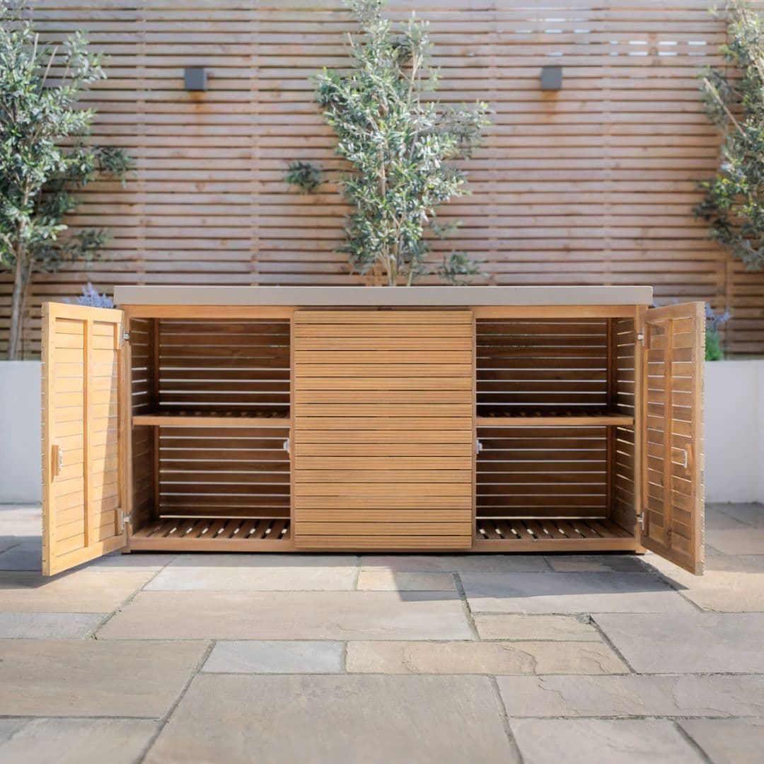 Acacia wood and a composite concrete worktop outdoor kitchen unit.