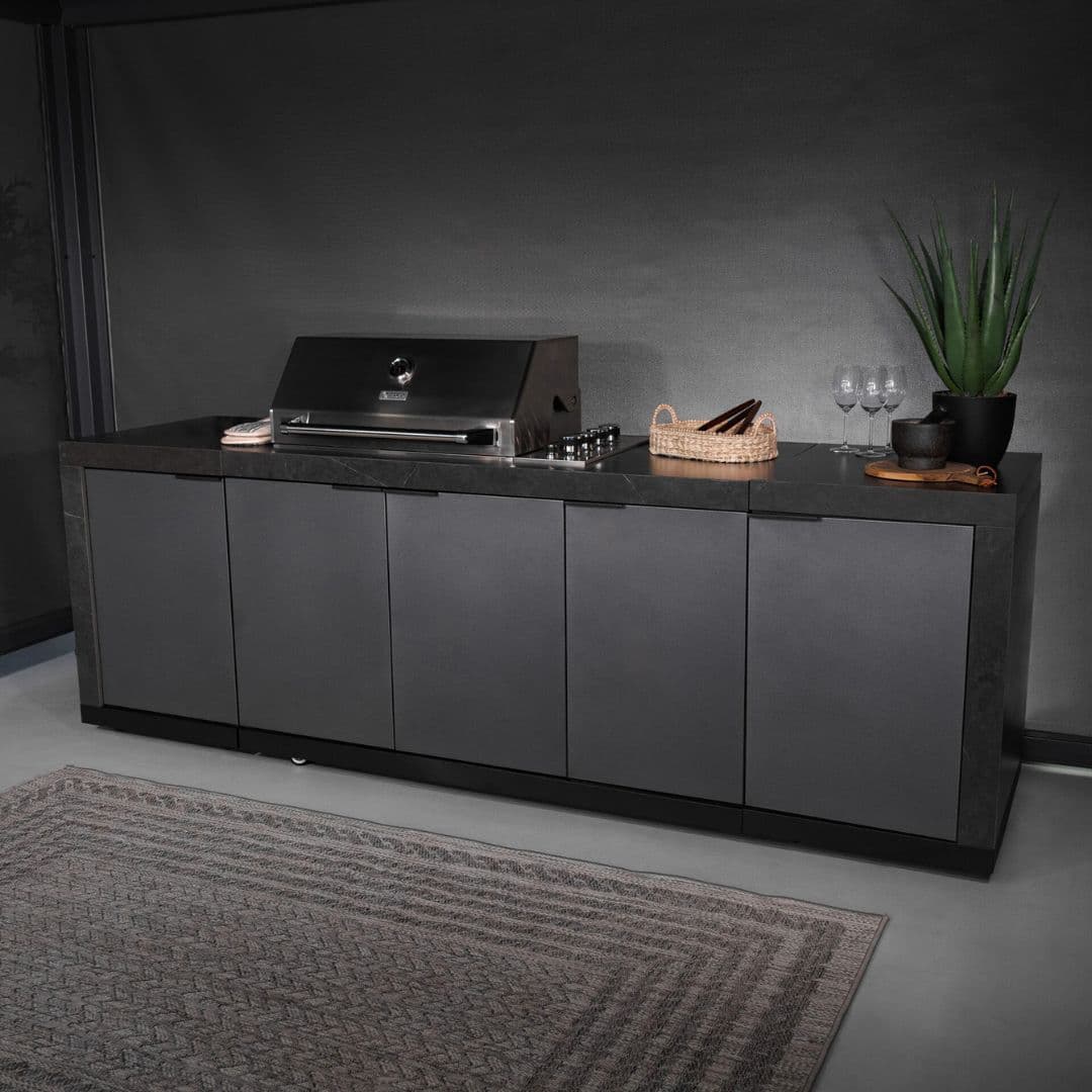 Grey outdoor kitchen unit with a bbq top unit.