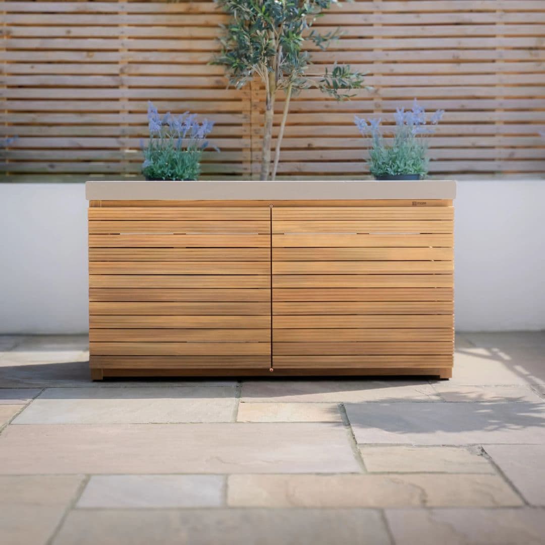 Acacia wood and a composite concrete worktop outdoor kitchen unit.