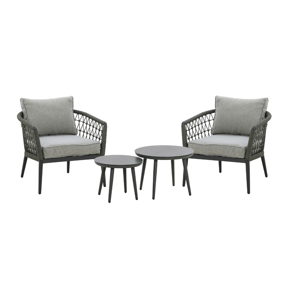 Ivy Green Rope Weave 2-Seat Bistro Set with a Pair of Round Tables and Grey Cushions #colour_ivy green with charcoal frame