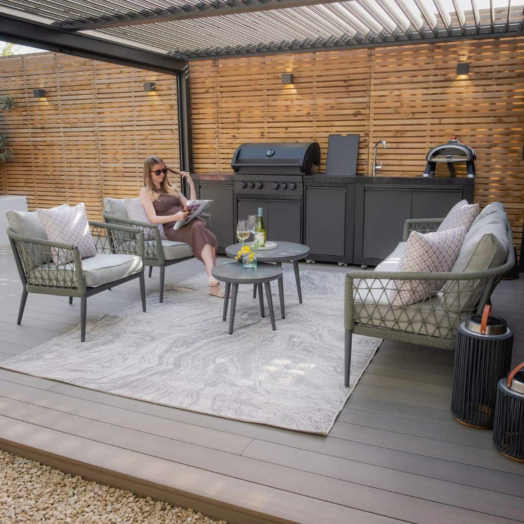 Ivy green rope weave with charcoal frame 3 seat sofa set with 2 single armchairs and pair of coffee tables #colour_ivy green with charcoal frame