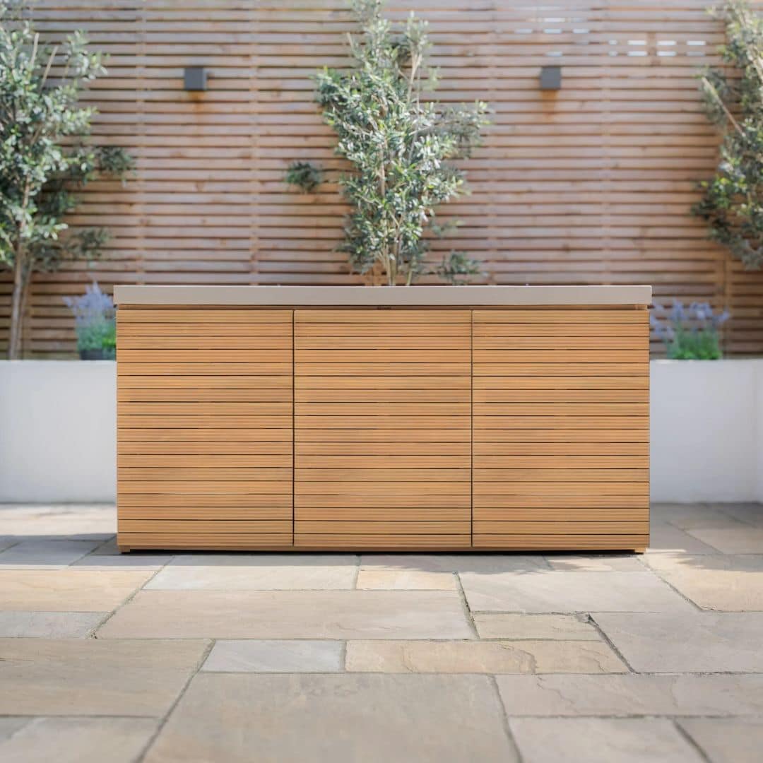 Acacia wood and a composite concrete worktop outdoor kitchen unit.