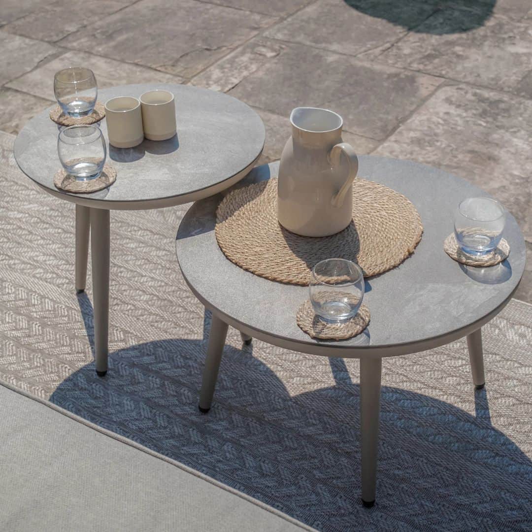 Cool linen with dawn grey frame Rope Weave 2-Seat Bistro Set with a Pair of Round Tables and Grey Cushions #colour_cool linen with dawn grey frame