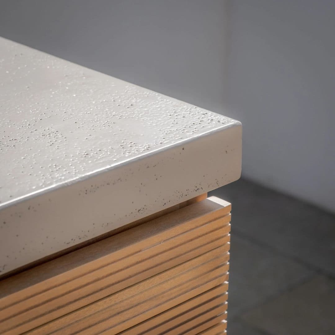 Acacia wood and a composite concrete worktop outdoor kitchen unit.