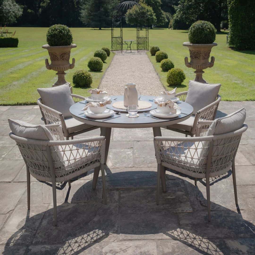 Cool linen Rope Weave 4 Seat Round Dining Set #colour_cool linen with dawn grey frame