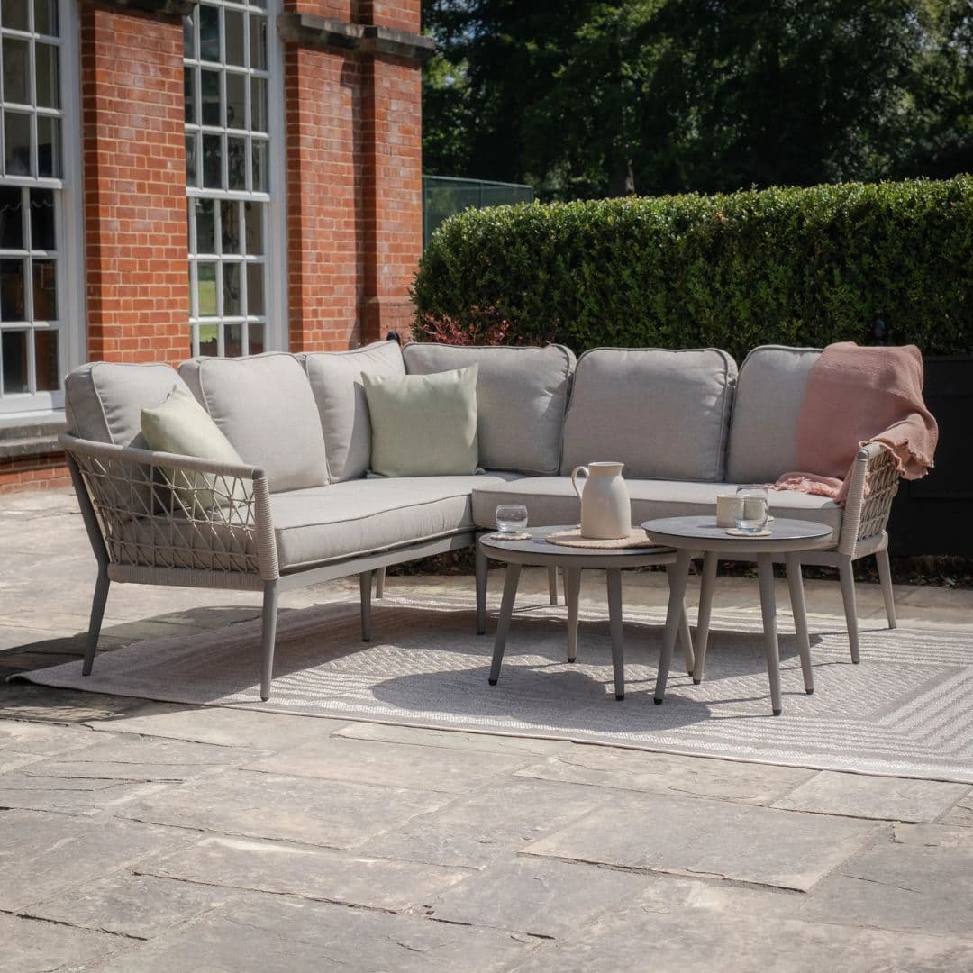 Cool linen rope weave corner sofa set with 2 matching round coffee tables #colour_cool linen with dawn grey frame