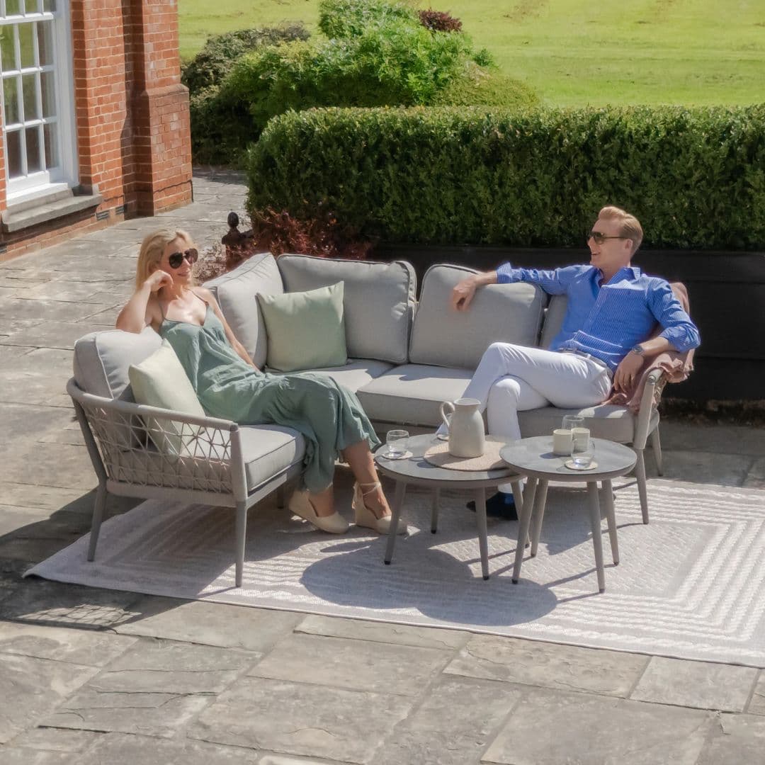 Cool linen rope weave corner sofa set with 2 matching round coffee tables #colour_cool linen with dawn grey frame