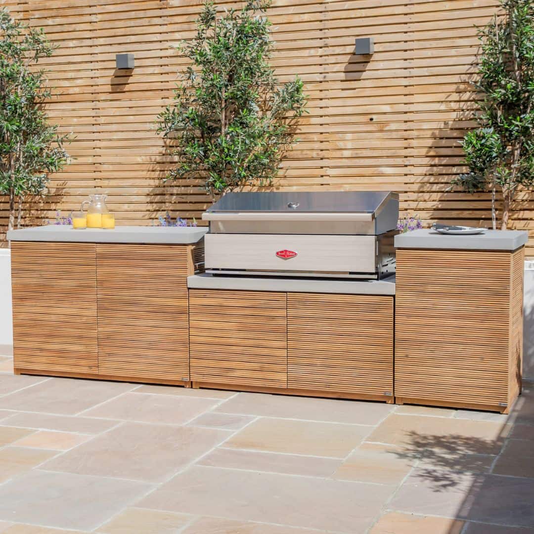 Acacia wood and a composite concrete worktop outdoor kitchen unit.