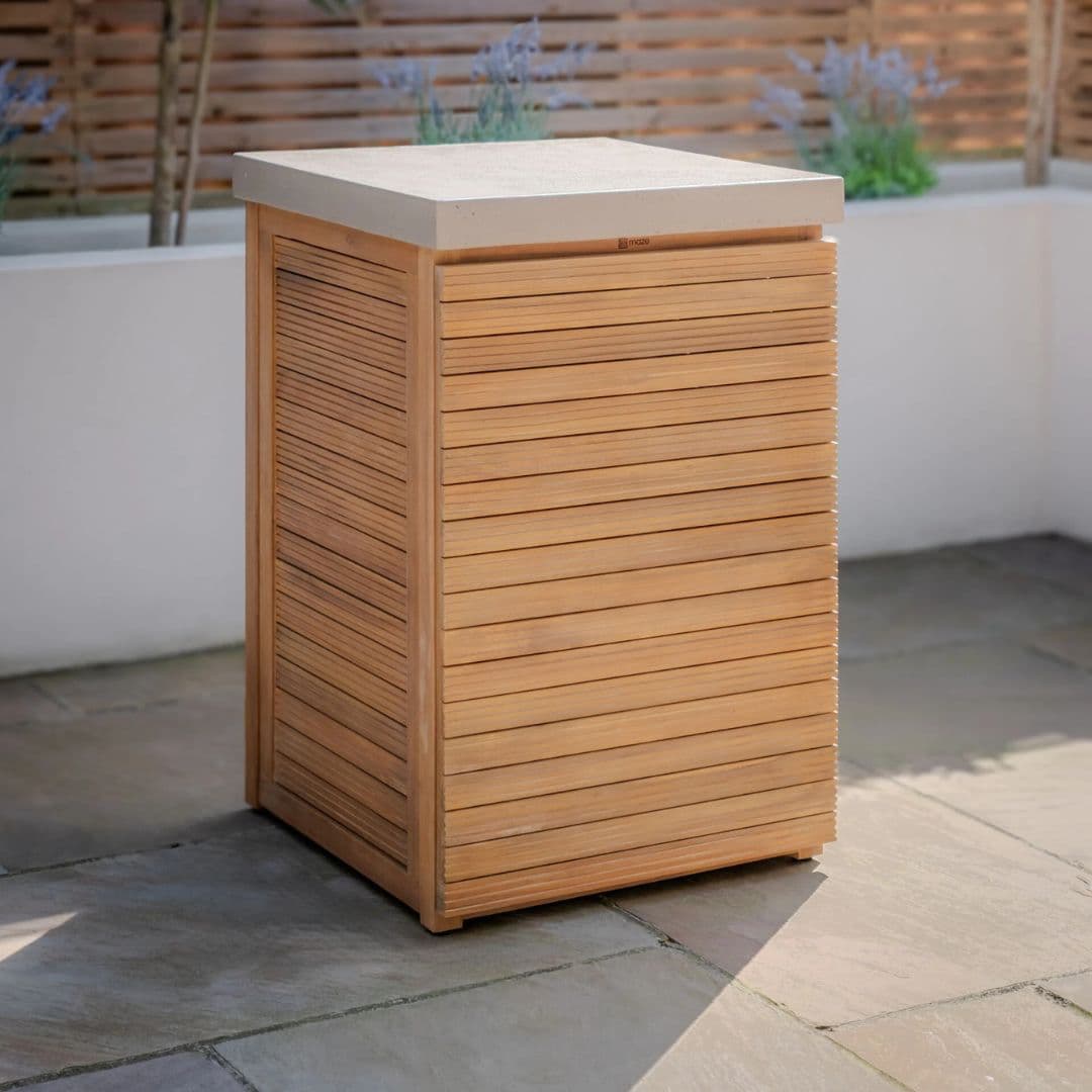 Acacia wood and a composite concrete worktop outdoor kitchen storage unit.