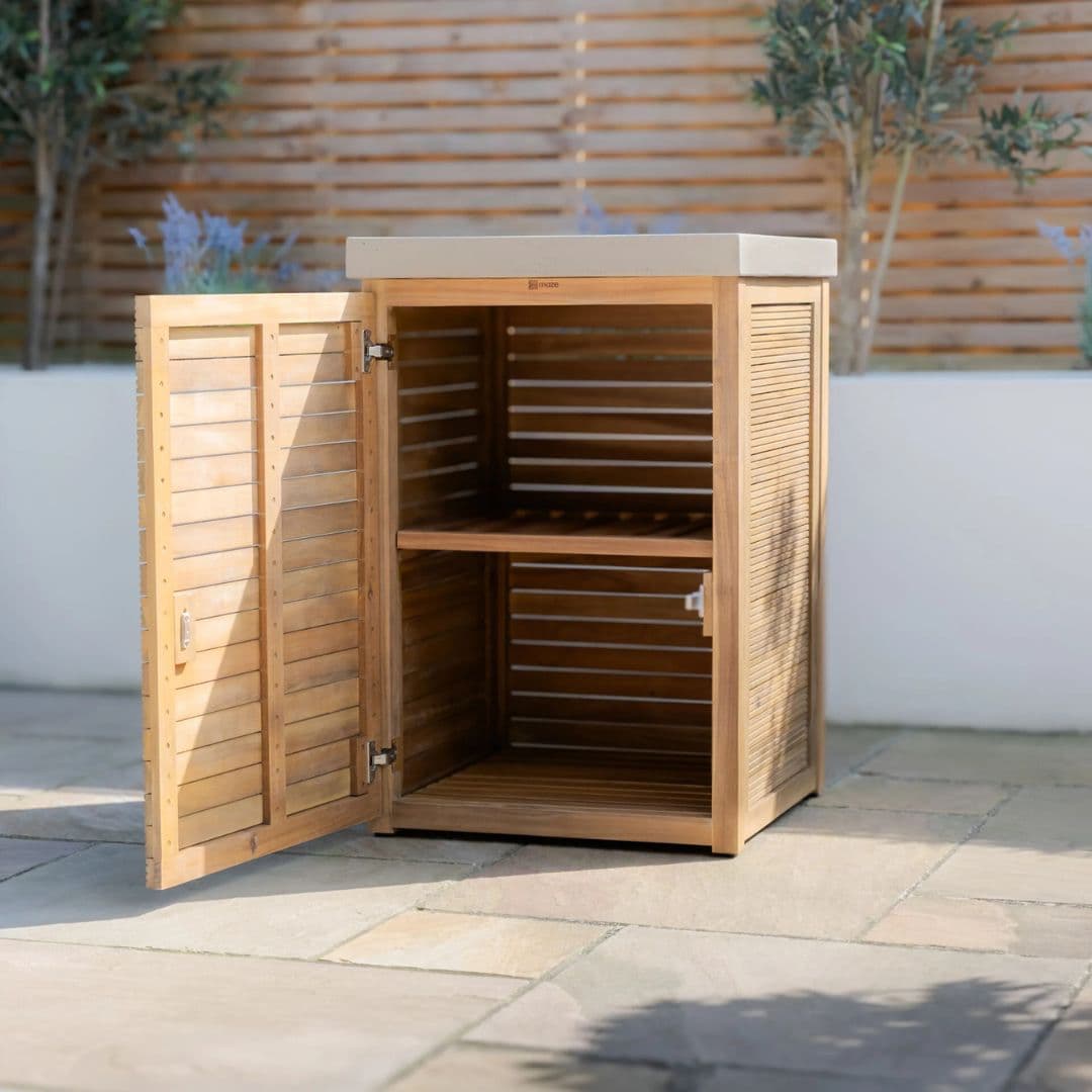 Acacia wood and a composite concrete worktop outdoor kitchen storage unit.