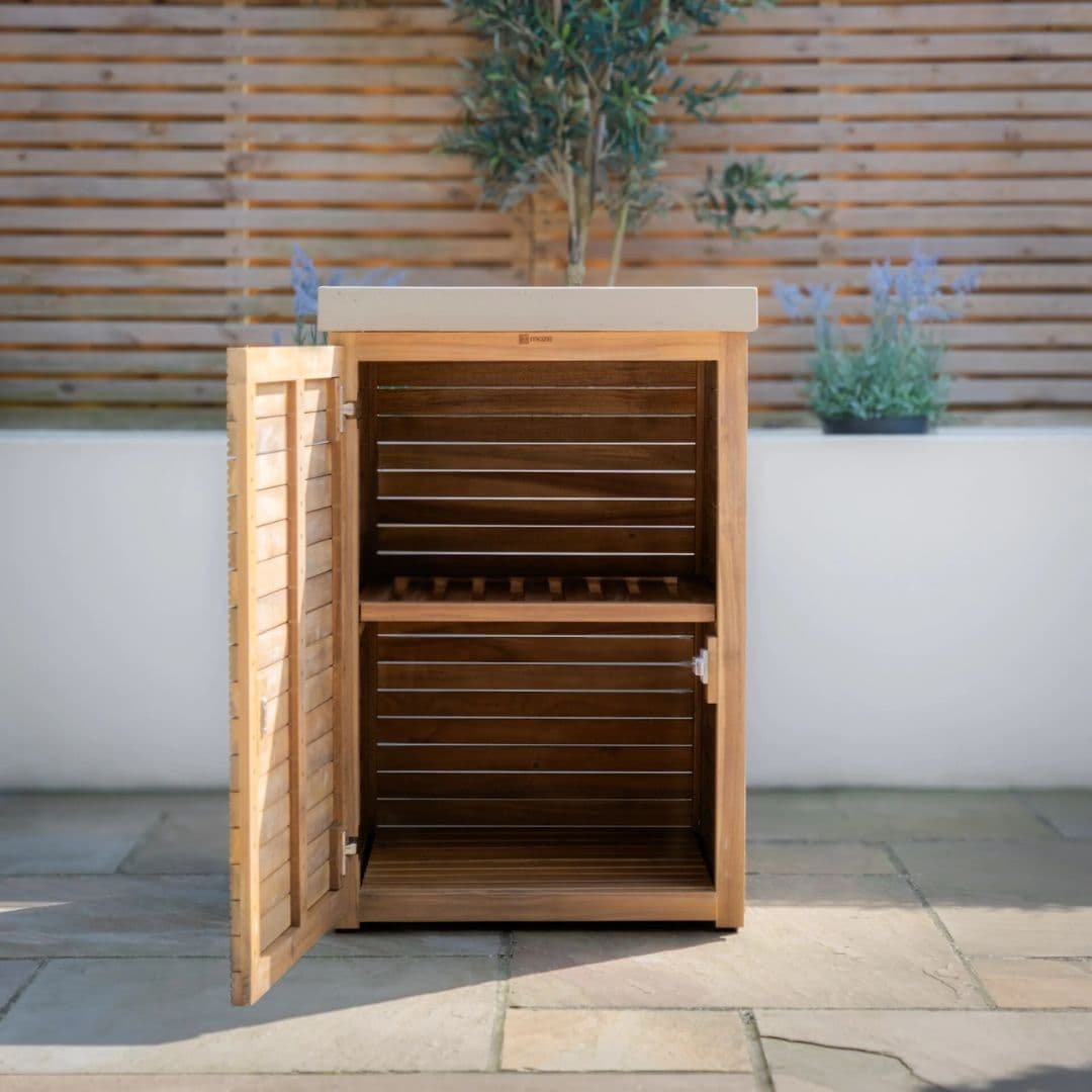 Acacia wood and a composite concrete worktop outdoor kitchen storage unit.