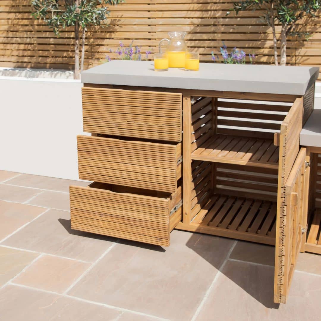 Acacia wood and a composite concrete worktop outdoor kitchen unit.