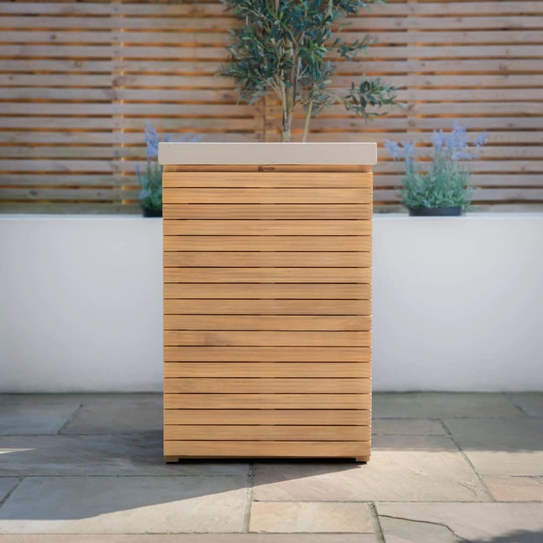 Acacia wood and a composite concrete worktop outdoor kitchen storage unit.