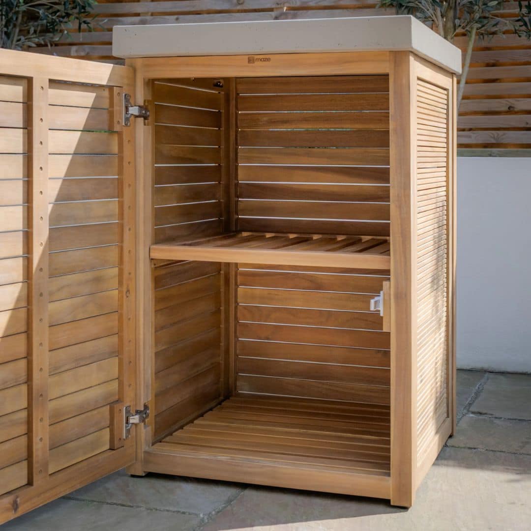 Acacia wood and a composite concrete worktop outdoor kitchen storage unit.