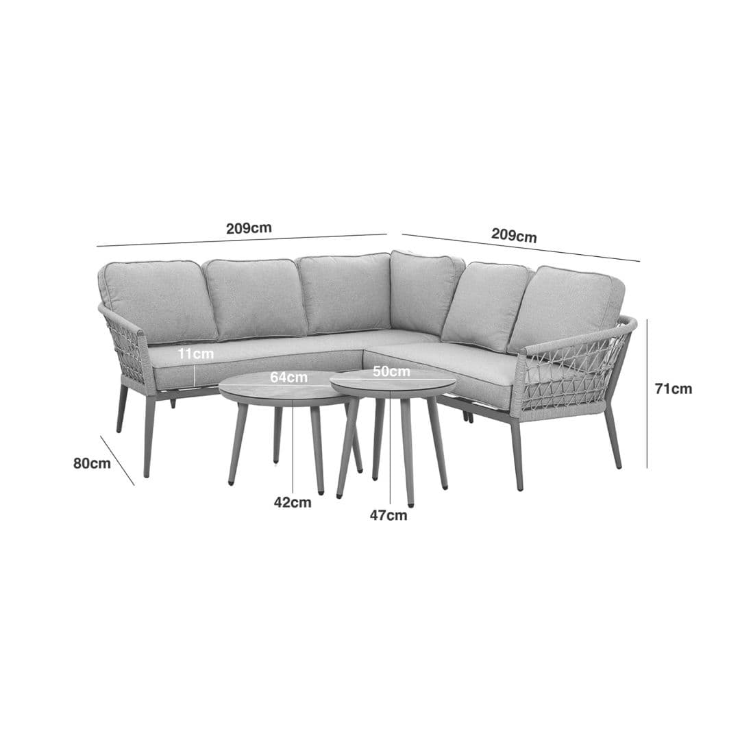 Line drawing of a rope weave corner sofa set with 2 matching round coffee tables