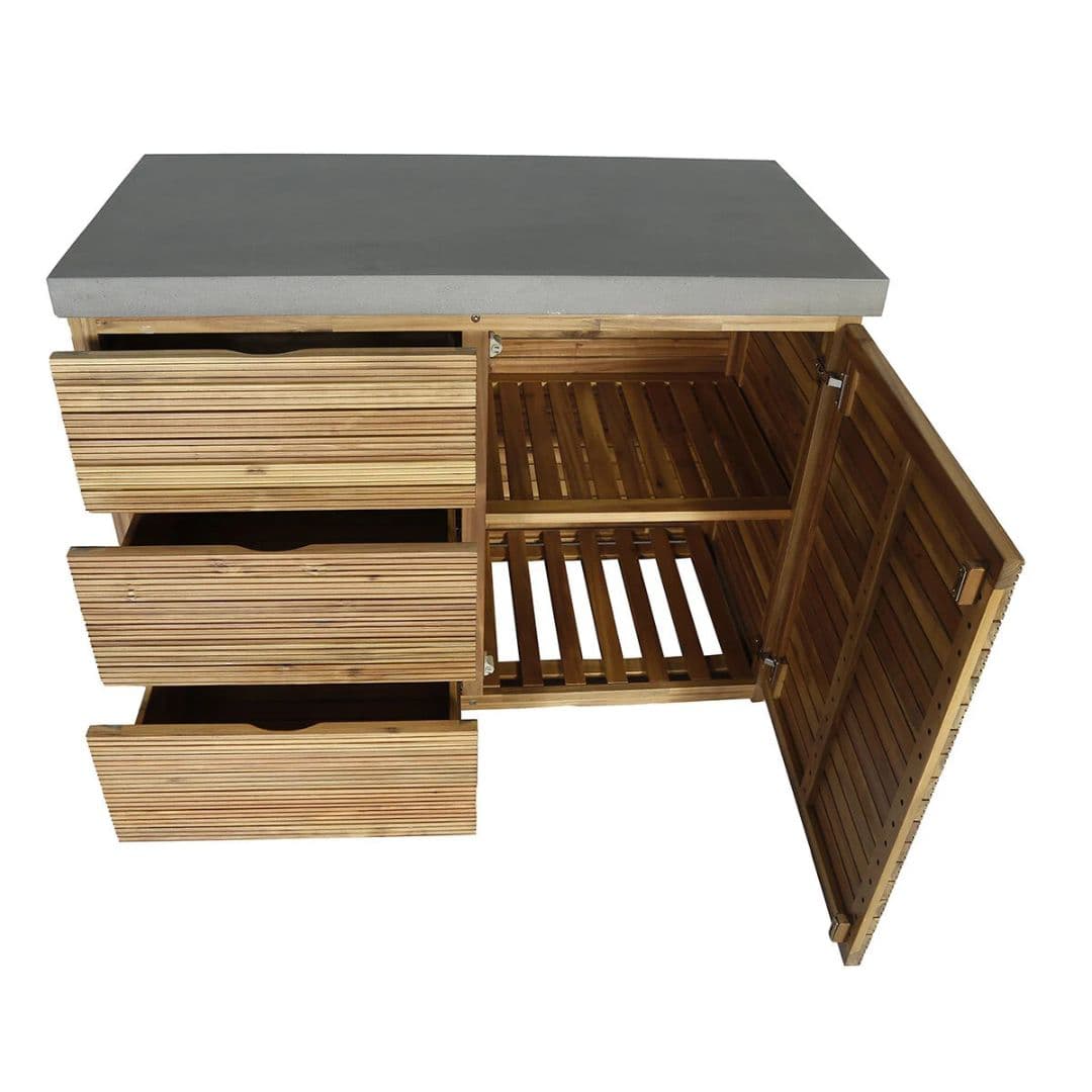 Acacia wood and a composite concrete worktop outdoor kitchen unit.
