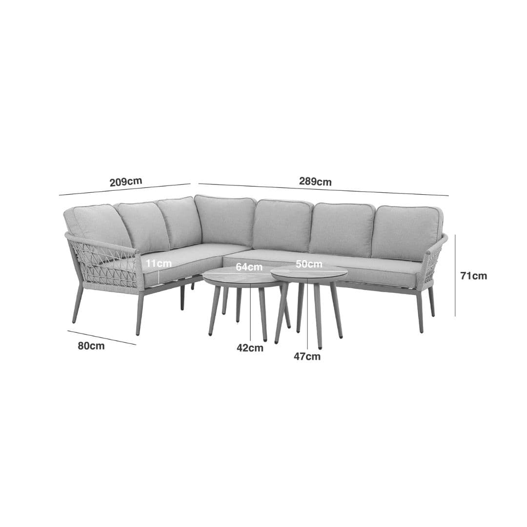 Line drawing of a rope weave Large corner sofa set with matching coffee tables.