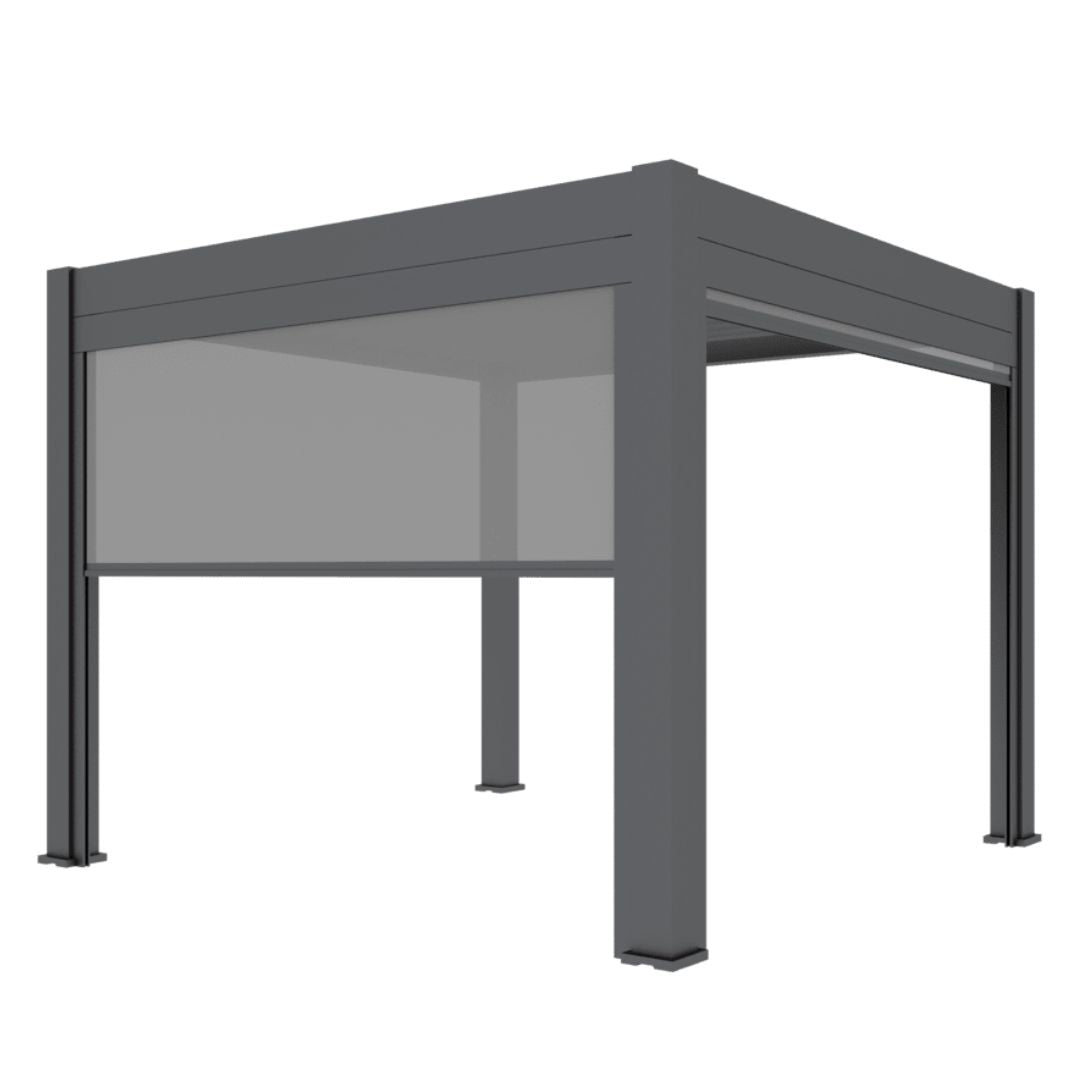 2.5m fibreglass textilene pull down privacy screen attached to a grey aluminium pergola