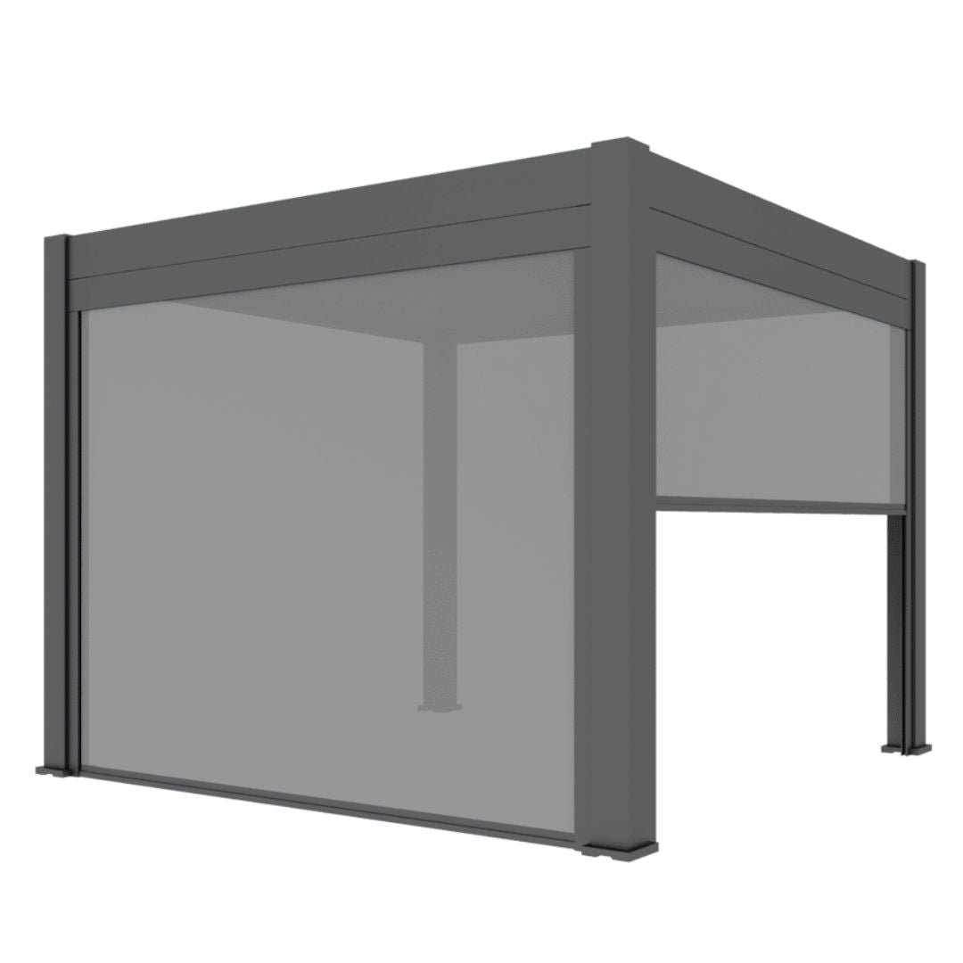 2.5m fibreglass textilene pull down privacy screen attached to a grey aluminium pergola
