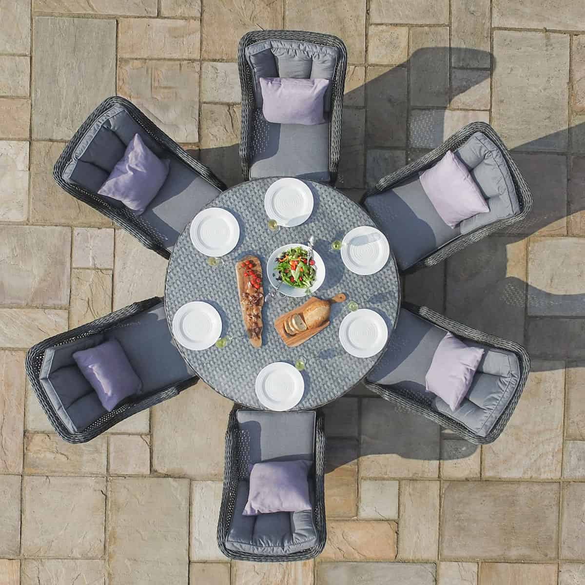 Overhead view of the grey rattan 6 seat round dining set with high back chairs