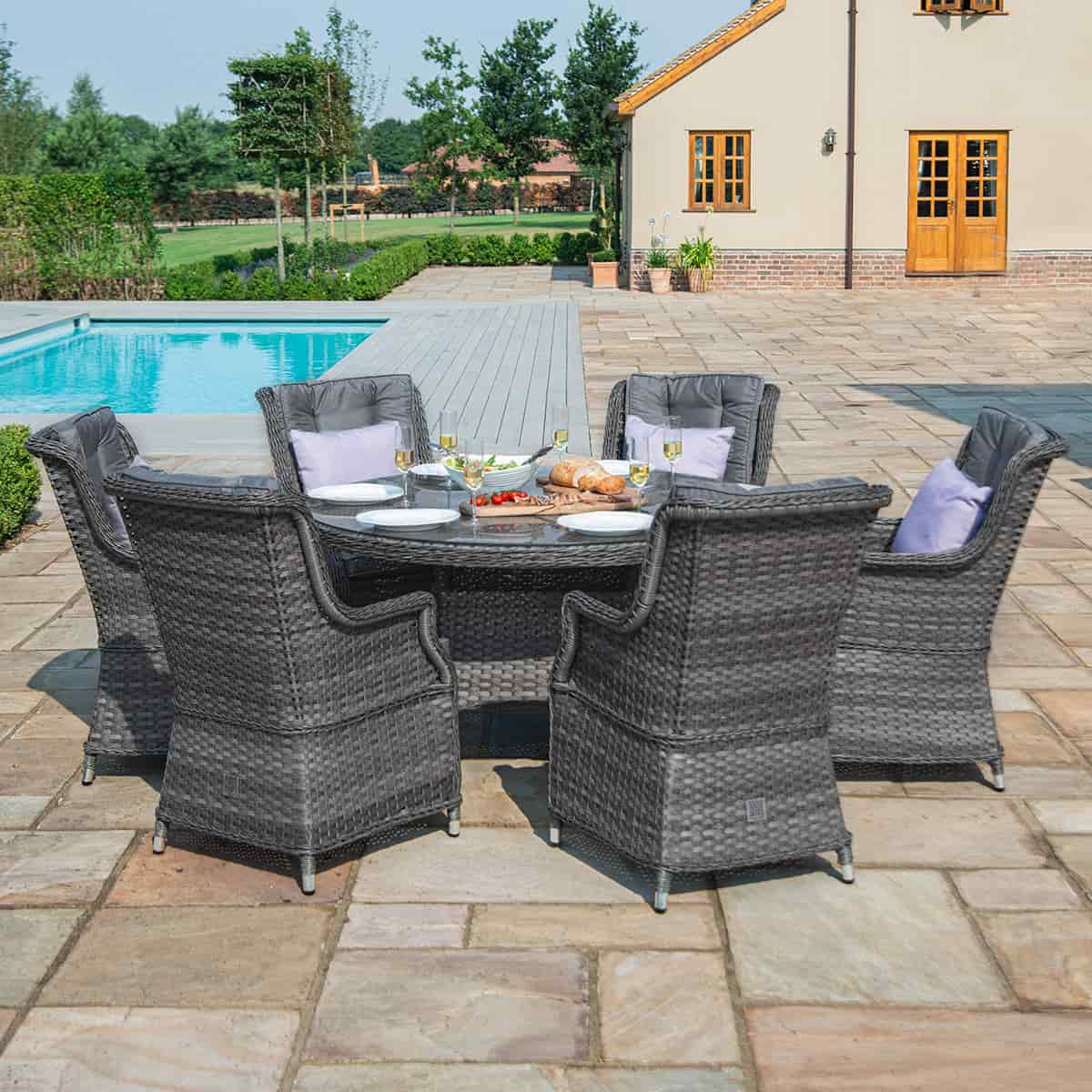 Grey rattan 6 seat round dining set with high back chairs