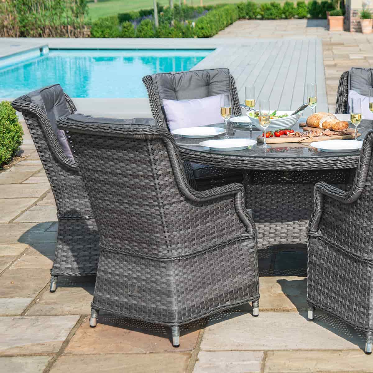 Grey rattan 6 seat round dining set with high back chairs