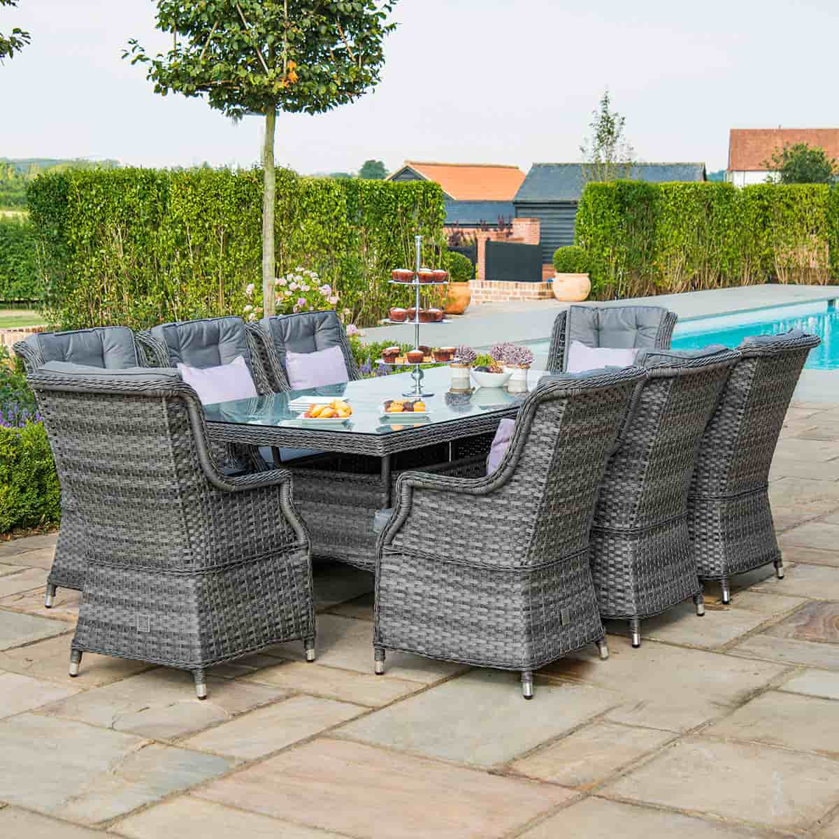 Grey rattan 8 seat rectangular dining set with high back chairs